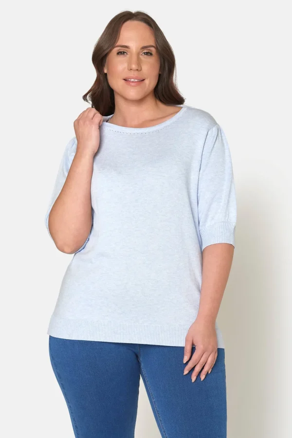 Kortærmet strik pullover - Blå Melange