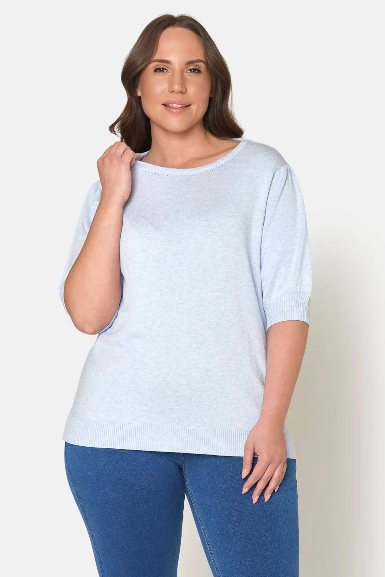 kortrmet_strik_pullover___0.webp Kortærmet strik pullover - Blå Melange