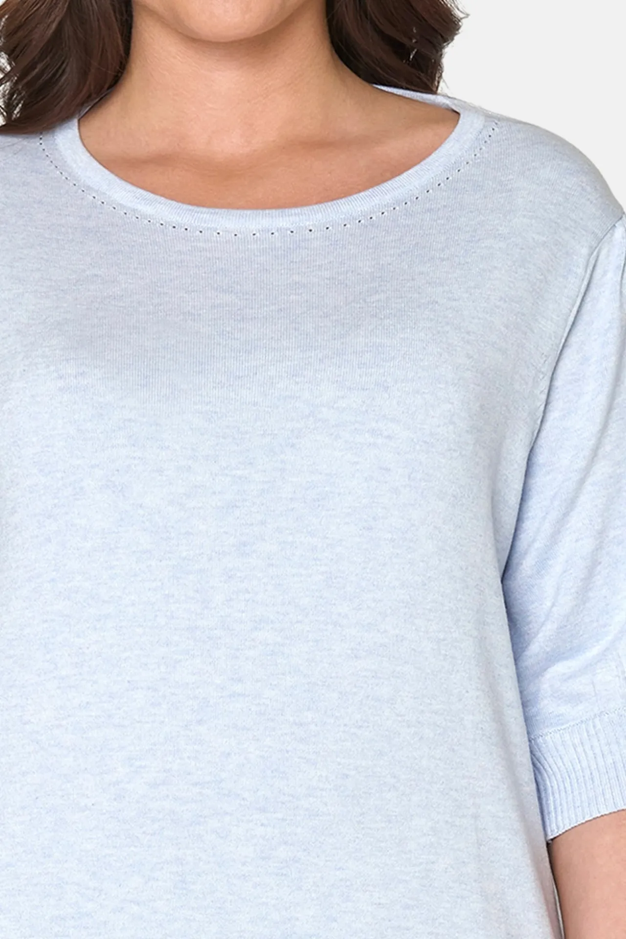 kortrmet_strik_pullover___1.webp Kortærmet strik pullover - Blå Melange