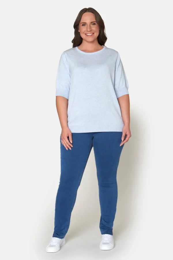 7/8 Stretch Denim Bukser Med Elastisk Linning - Medium Blue Denim