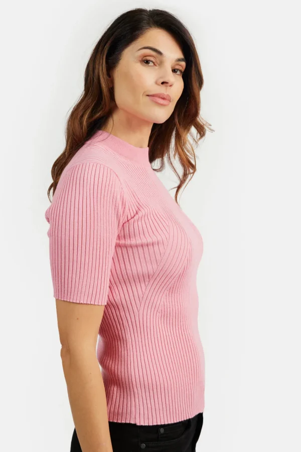 Strik pullover - Turtleneck krave og kort ærmer - Pink